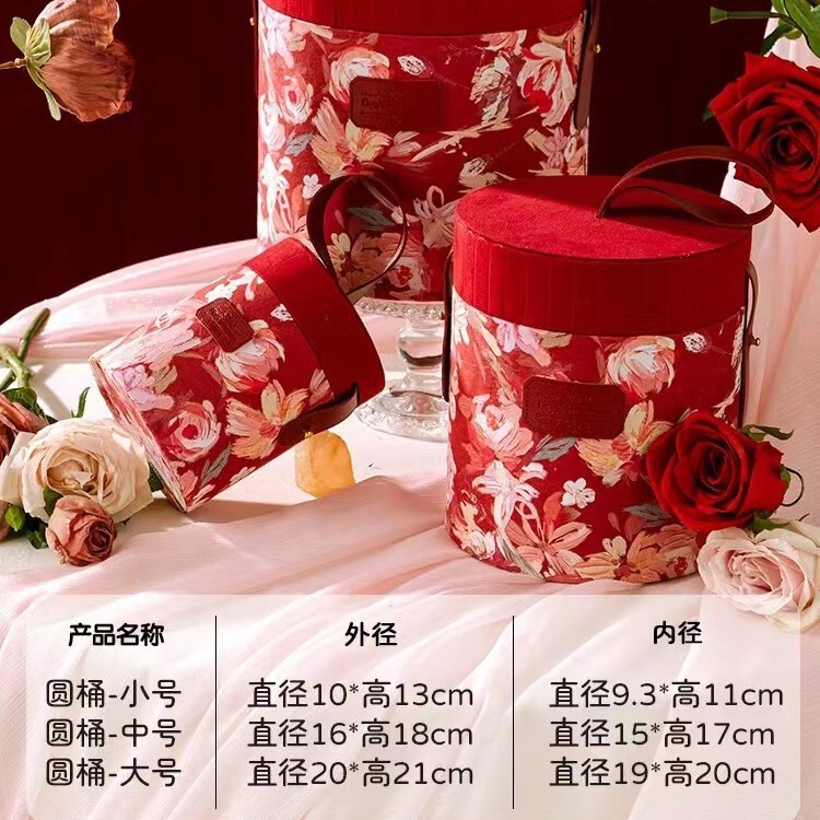 春の絵のにぎやかな丸いバケツのお土産の箱の高級感の花嫁の結婚式の手提げの喜糖の箱の空の箱のプレゼントの箱|undefined