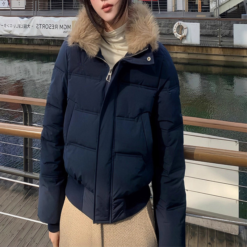 2025年冬季加厚保暖藏青色可拆卸毛领羽绒服女短款小个子外套上衣|undefined