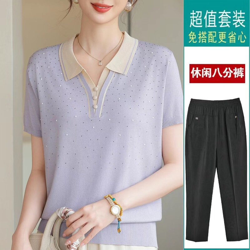Summer Two-Piece Set for Moms: Base Shirt and Cropped Straight-Leg Thin Pants, Women's Suit with Knitted Top and T-Shirt