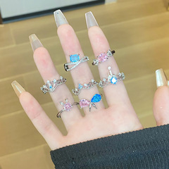 甜酷法式彩鑽海藍鋯石開口戒指糖果輕奢小眾設計簡約高級感食指戒