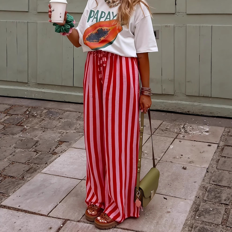 Cross-Border Amazon Temu Spring and Summer New European and American Style Women's Loose Casual Color-Block Striped Print Wide-Leg Pants