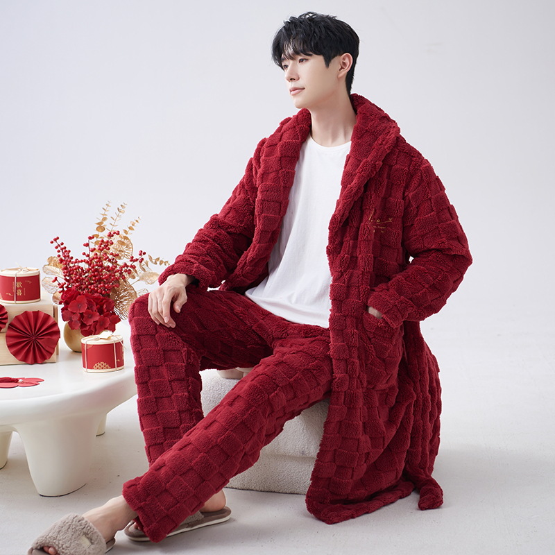 Pijamas de hombre de invierno de los hombres de coral de lana Otoño e Invierno forrado de lana engrosada de franela de los hombres fácil de llevar homewear camisón