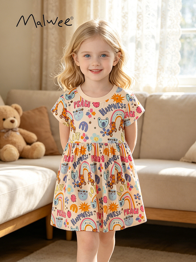 Malwee niñas vestido verano nuevo europeo y americano niños casual impreso manga corta cuello redondo vestido de princesa para niños