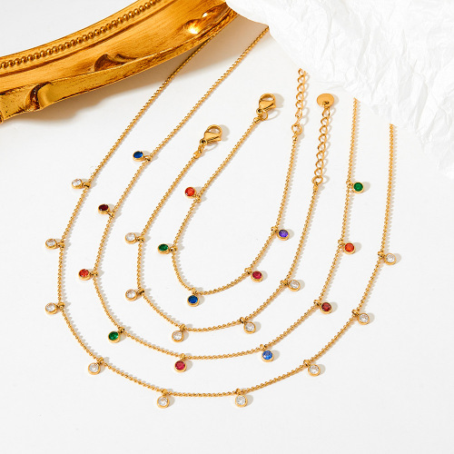 Rainbow zircon anklet, cold style, tassels, extremely fine personality, stainless steel anklet, trendy, light and non-fading ankle chain for women