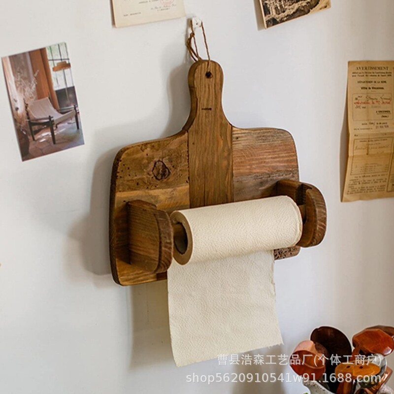 Wooden tissue holder wall-mounted tissue rack simple kitchen roll paper storage organizer wall-mounted tissue dispenser