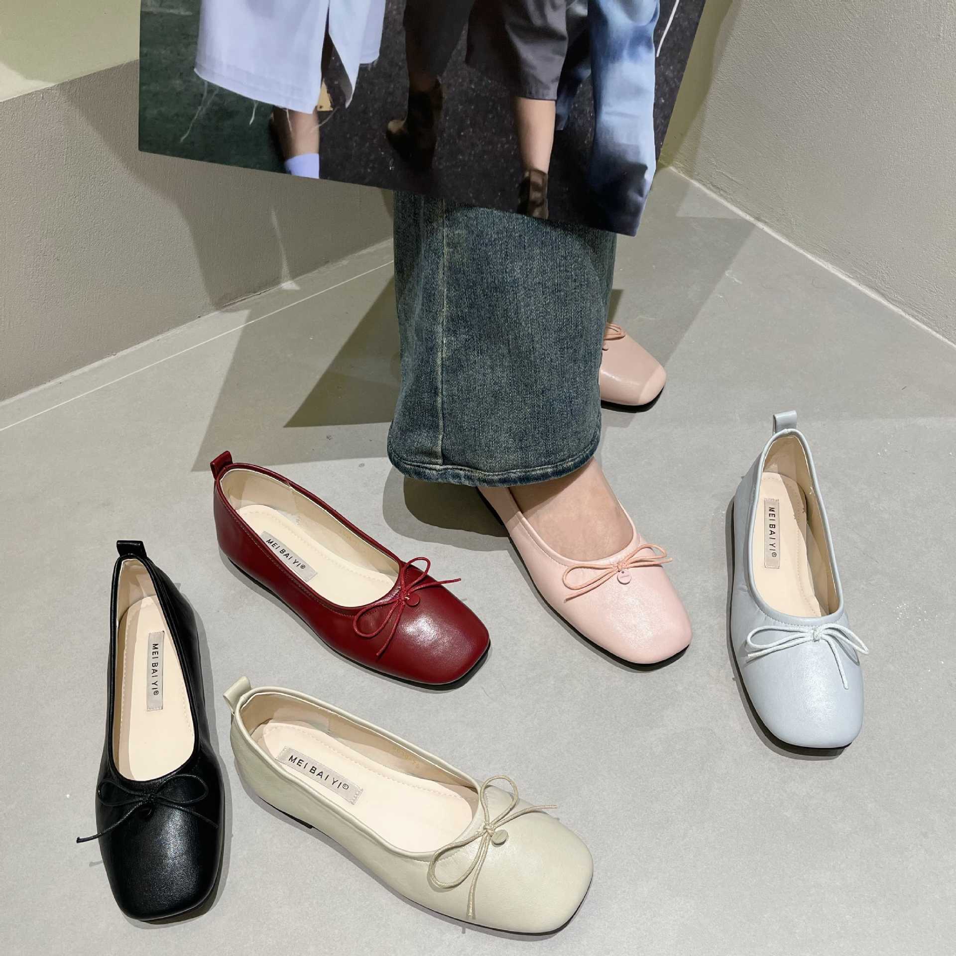 糖果色简约方头浅口平底单鞋女2025新款芭蕾舞蝴蝶结一脚蹬豆豆鞋