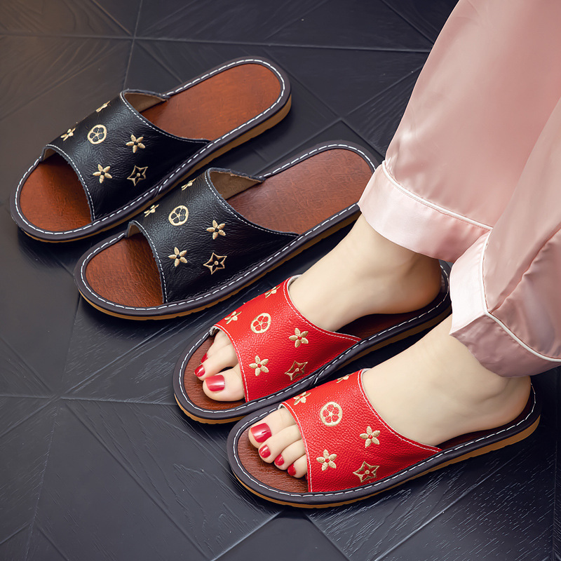 Slippers Women's Spring and Summer Genuine Leather Home Indoor Couple Non-slip High-end Four Seasons Wear Slippers Men's Haining Fur
