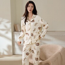 纯棉拉架#秋天季新款双面纯翻领开胸印花双长睡衣女家居服套装冬