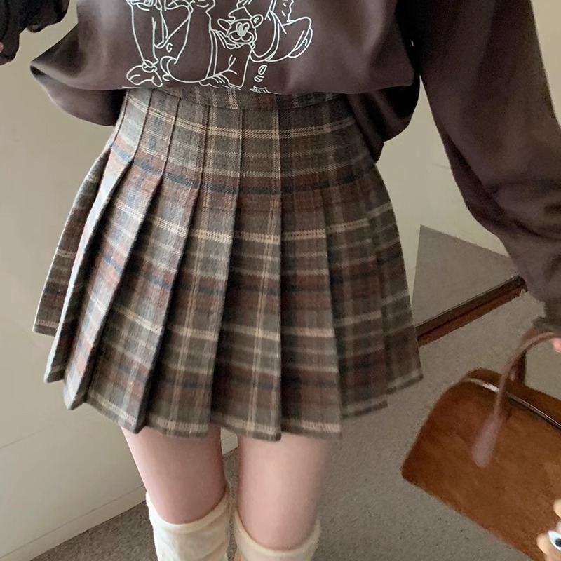 复古格子毛呢半身裙女大码春秋加厚咖色百褶裙小个子高腰a字短裙