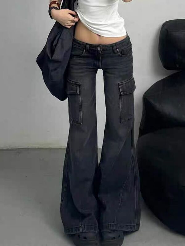 Slightly Wide-Leg Slim-Fit Hot Girl Workwear Jeans for Women, Casual Pants with Trendy Pockets, American-Style Flared New Model, Slimming Low-Waist