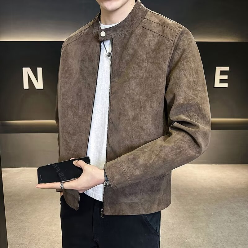 Hot coat men's autumn and winter 2024 new fashion brand high-end sense suede motorcycle jacket collar men's clothes