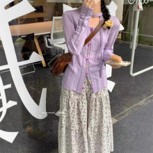 连衣裙女夏季新款轻熟赫本风香芋紫长袖针织衫碎花长裙子两件套