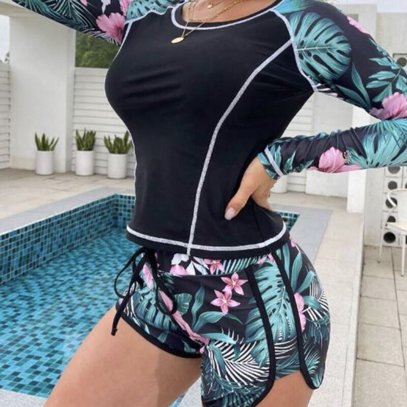 European and American Split Swimsuit Cross-Border New Women's Tight Long-Sleeved Boxer Briefs Wetsuit Sun Protection Swimsuit Manufacturer Wholesale