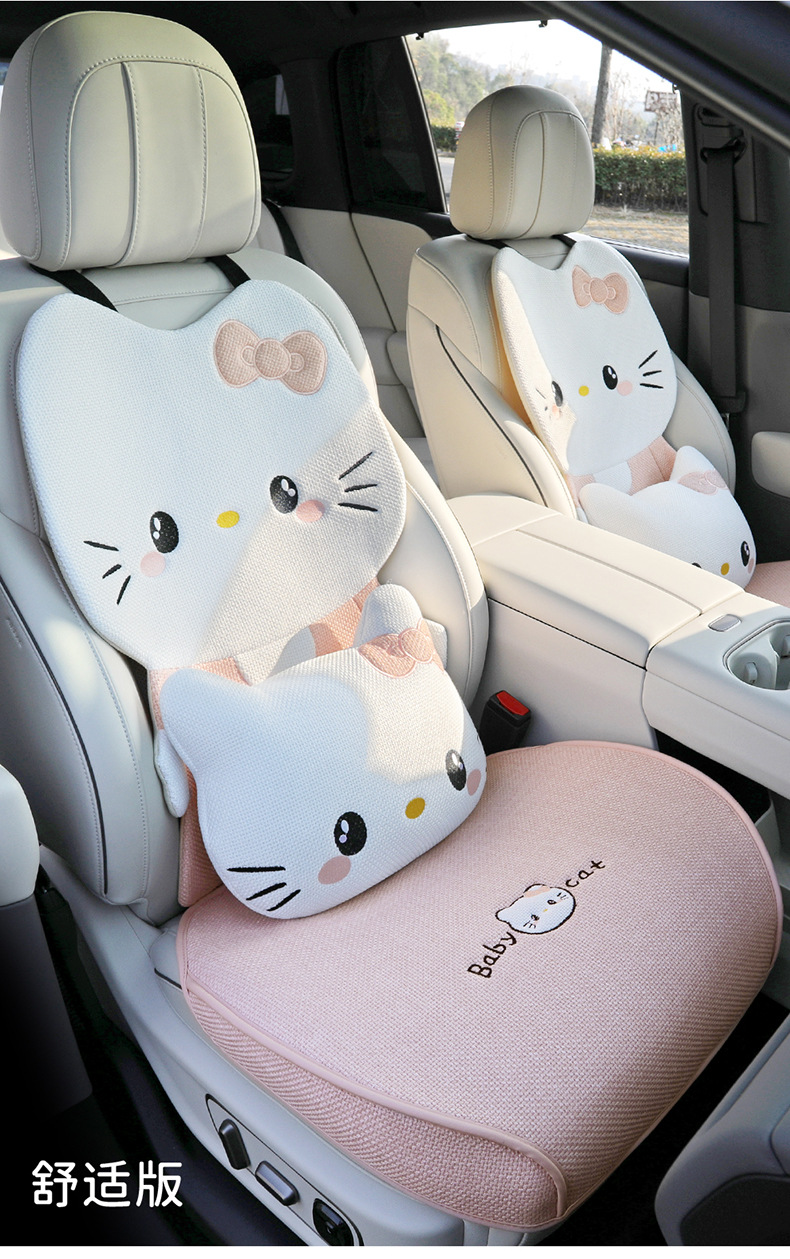 26 new linen car seat cushions, suitable for all seasons, breathable for summer, cute cartoon KT cat design for women, rear seat covers