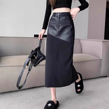 辣妹黑色拼接PU皮裙半身裙女装秋冬设计感高腰显瘦a字包臀中长裙