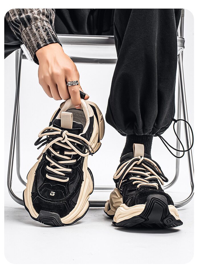 Giày sneaker nam phong cách giày bố đế lốp, da nhân tạo, gót 3–5 cm — màu vàng, màu xám đen, đen chi tiết 25