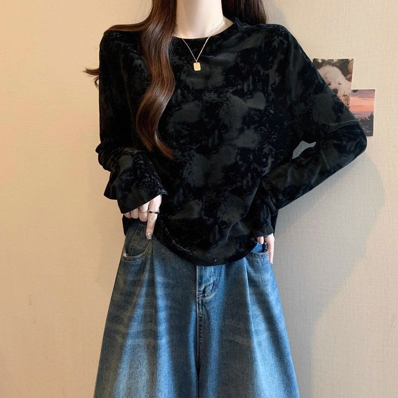 大码德绒复古扎染长袖T恤女秋冬季新款洋气显瘦内搭打底衫上衣ins|undefined