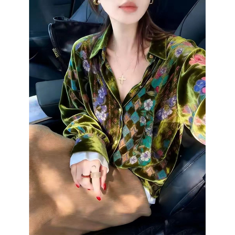 复古韩系新中式绿色印花长袖衬衫女通勤风显瘦上衣2026年春季新款