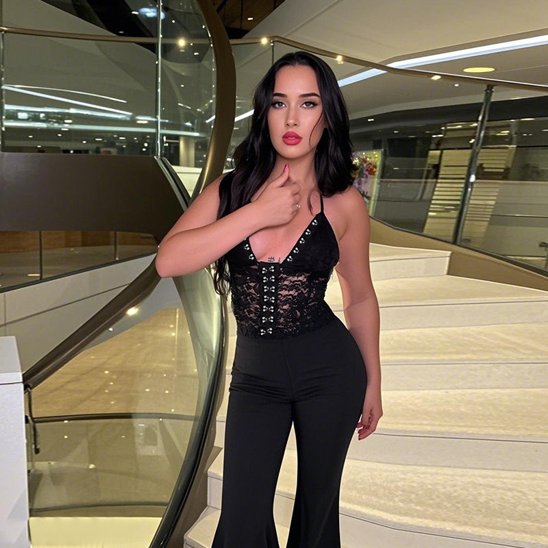 JY25132 verano nuevo cuello halter sexy encaje slim fit tirantes mono europeo y americano transfronterizo adelgazante pantalones de mujer