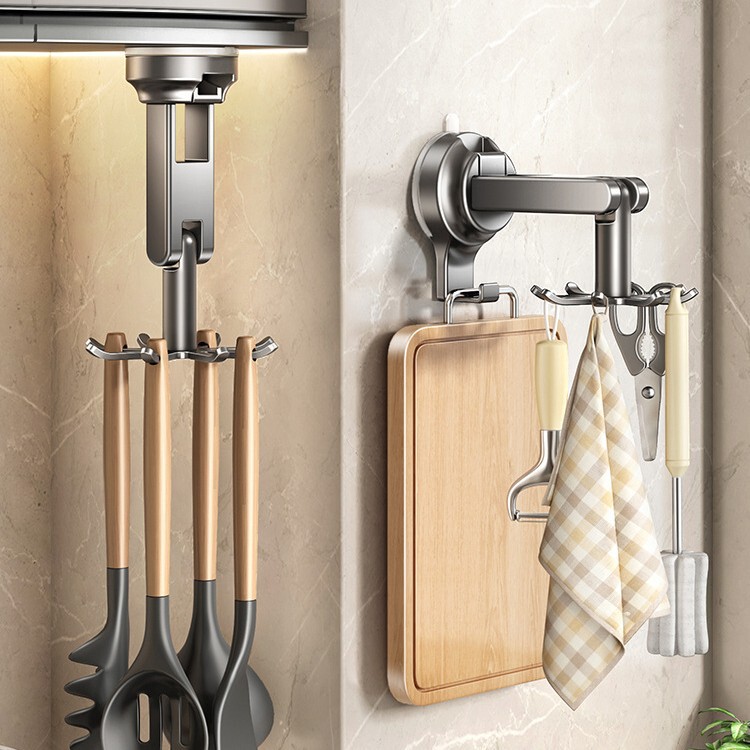 Kitchen Suction Cup Spatula Rack, Punch-Free, Rotatable Hook, Multi-Functional Storage Rack, Wall-Mounted Household Chopping Board Rack