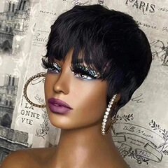 100% ヒューマンヘアショートカットカーリーWig Pixieボブフルモヘア