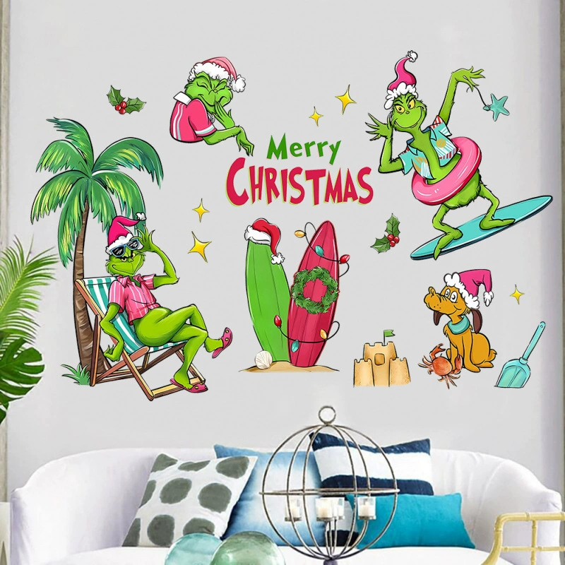 Гринч мультфильм наклейка рождественские декоративные обои зеленая волосатая рождественская елка наклейка окна ПВХ трансграничная наклейка