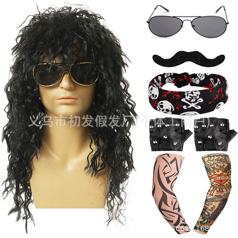 Halloween Punk Wig Heavy Metal Disco Party European and American Men's Rock Wig Set Sunglasses Gloves Guitar