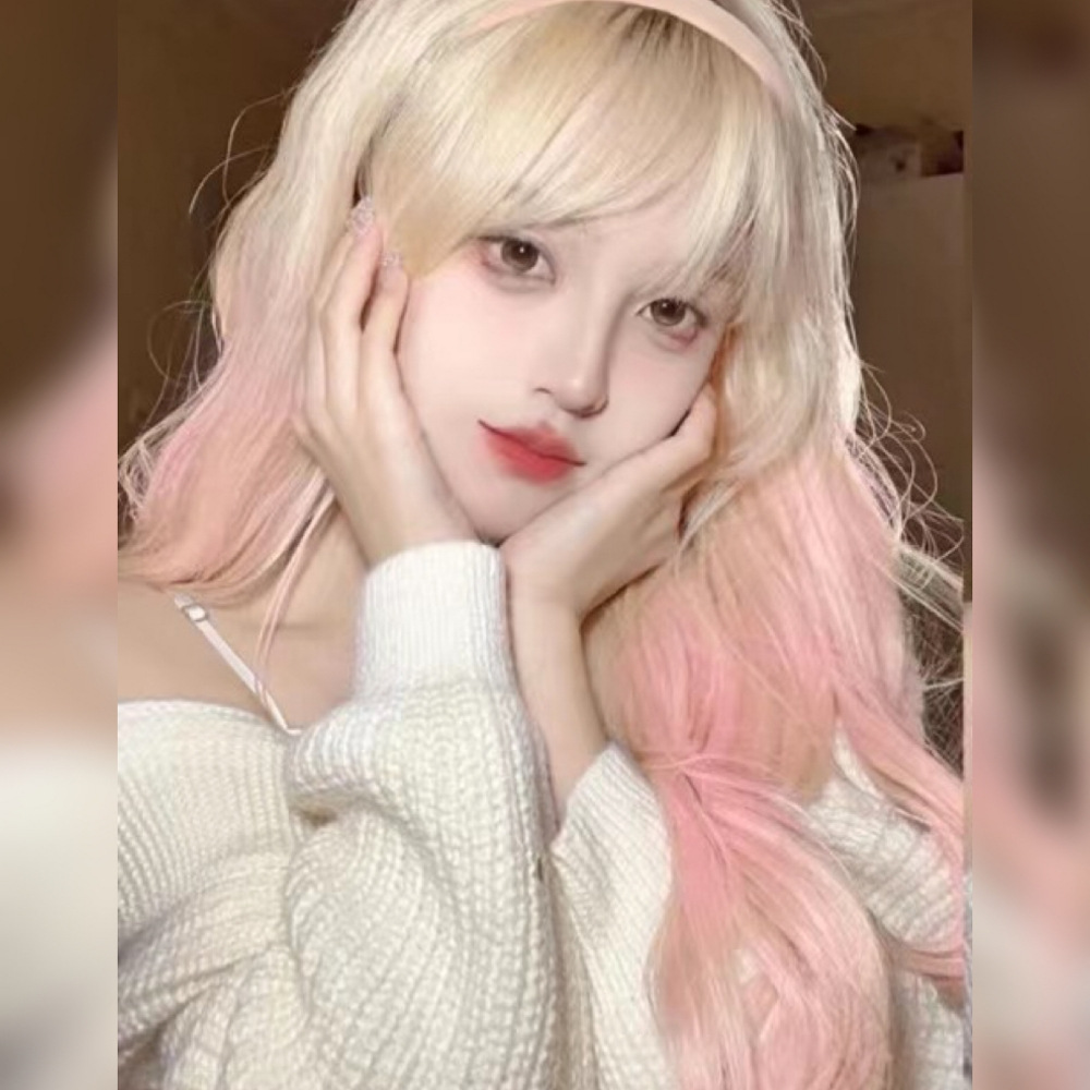 Cheng Ming Wig Women's Peach Gradient Pink Water Corrugated Internet Celebrity Simulation Big Wave Long Curly Hair Summer Fashion Full Head Cover