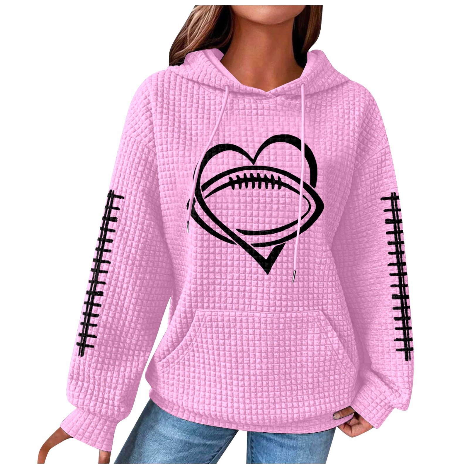 Women's Rugby Hoodie Waffle Knit Pullover Sweatshirt Print_voghion.com