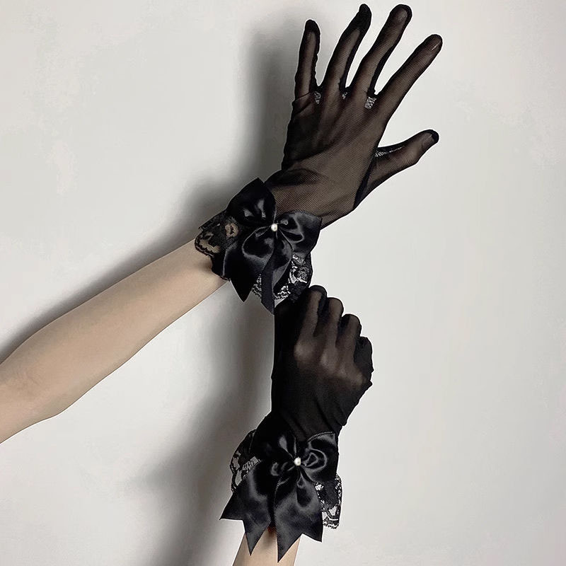 Lolita Gloves Lace Bow Hepburn Style Etiquette Black French Retro Dress Bridal Gloves for Women