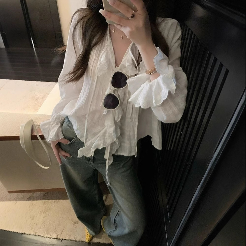 Senna Holiday* Ruffled Embroidered Shirt Women's Summer Thin Sunscreen Air Conditioning Shirt Short White Shirt