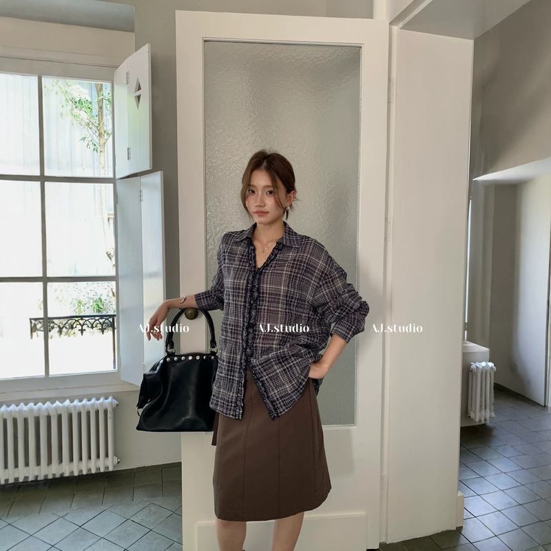 【AJ.STUDIO】Beautiful and Practical Ruffled Textured Plaid Shirt (98% Cotton) X96302