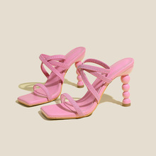 High heels 新品春季潮流高跟异形跟弹力一脚蹬绑带舒适凉鞋细跟