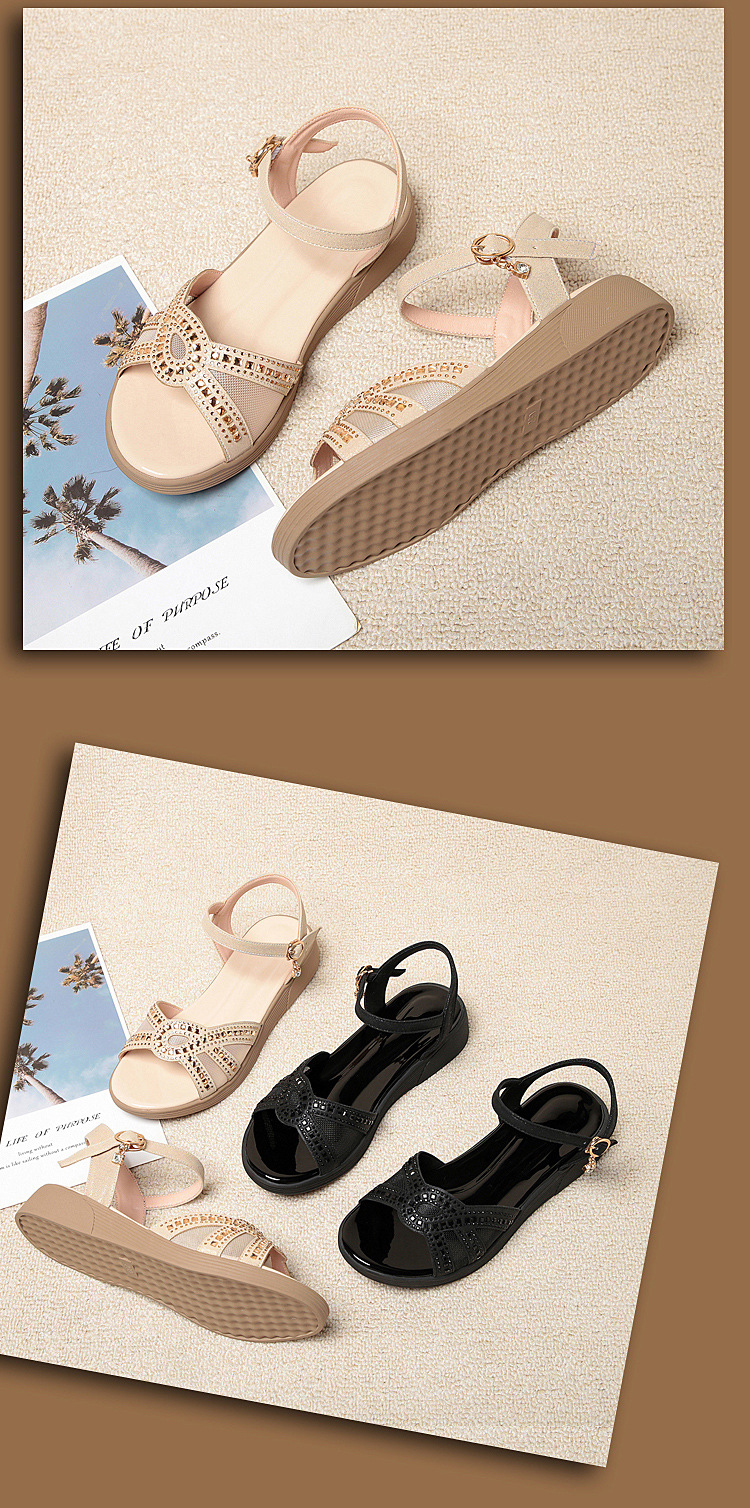 Dép sandal nữ đế mềm da thật chống trơn trượt đế xuồng bệt mùa hè — Màu đen chi tiết 19