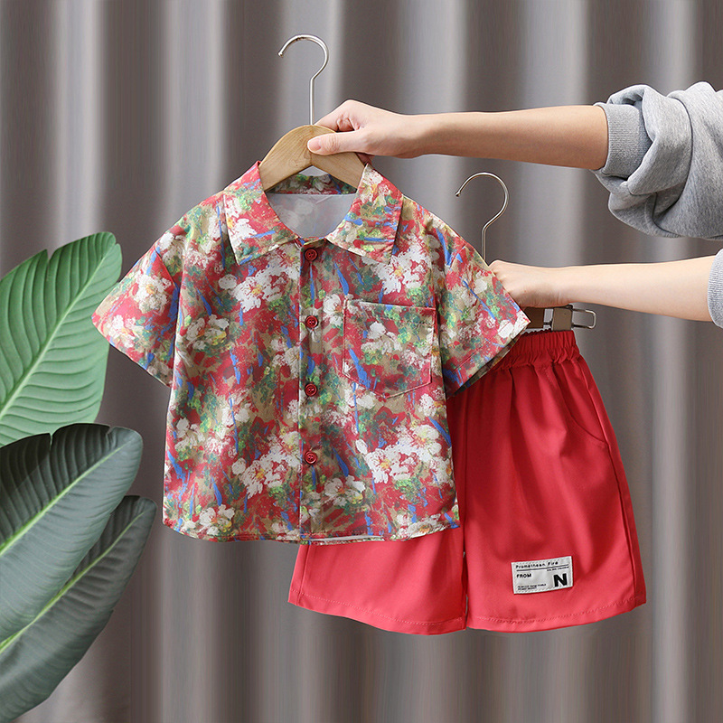 7287 Traje de camisa de flores rojas para niños 2025 Nuevo estilo de verano Ropa de manga corta de moda Traje de dos piezas de verano para niños