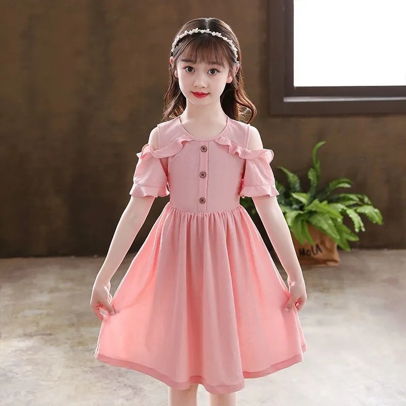 Vestido de verano para niñas vestido de verano fuera del hombro en línea vestido de los niños del estilo del océano rojo temperamento vestido de princesa vestido de las niñas