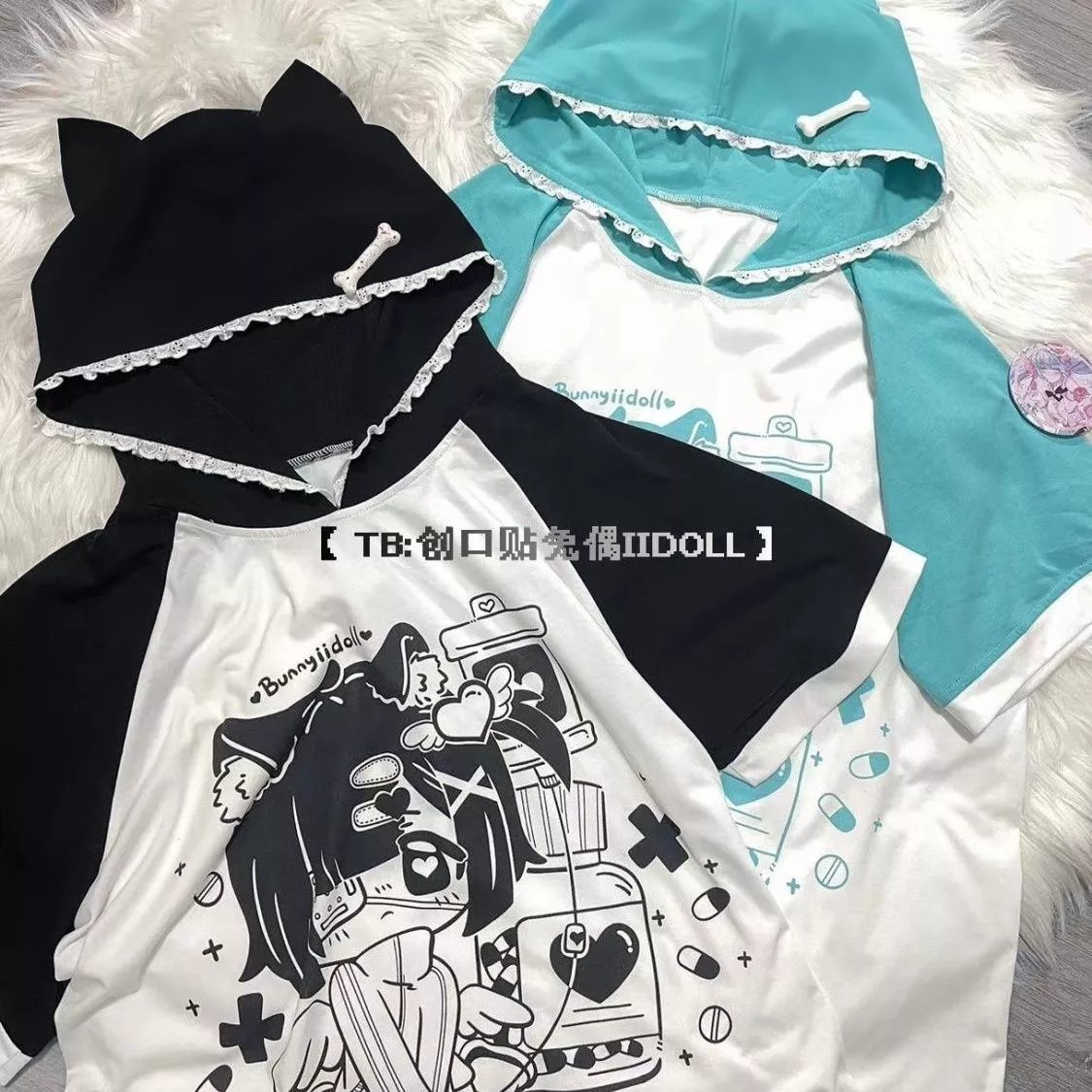 Japanese cute summer lace short sleeve T-shirt with hood