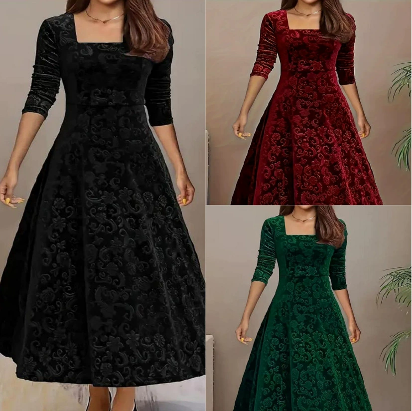 2024 Европейская и американская мода больших размеров: элегантное однотонное жаккардовое платье с длинным рукавом, квадратным вырезом, свободного кроя, очень большого размера, из вельвета.