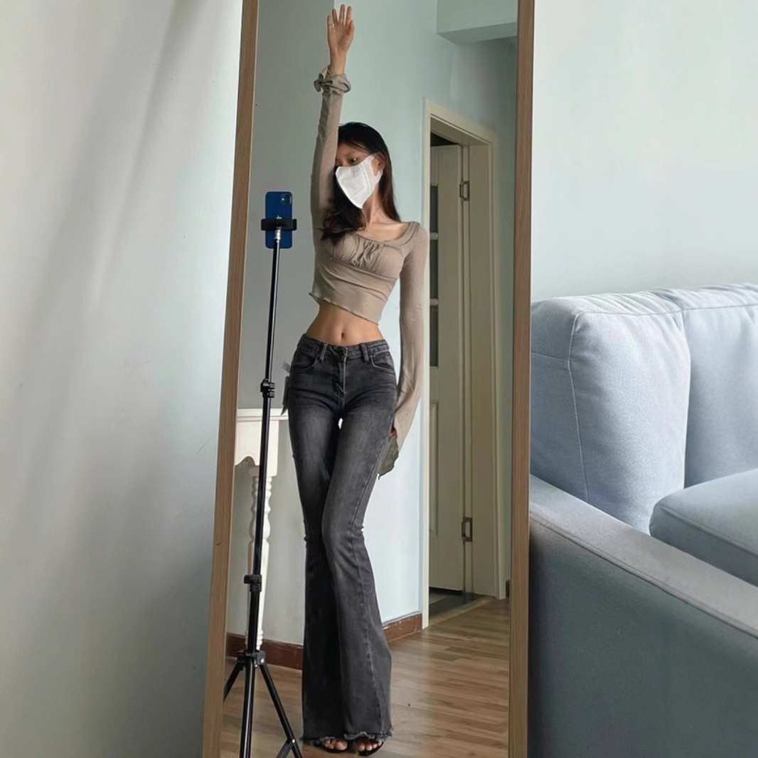 American Retro Micro-flared Jeans Women's 2024 New Slim-fit Slimming Spice Girls Low Waist Rough Horseshoe Pants