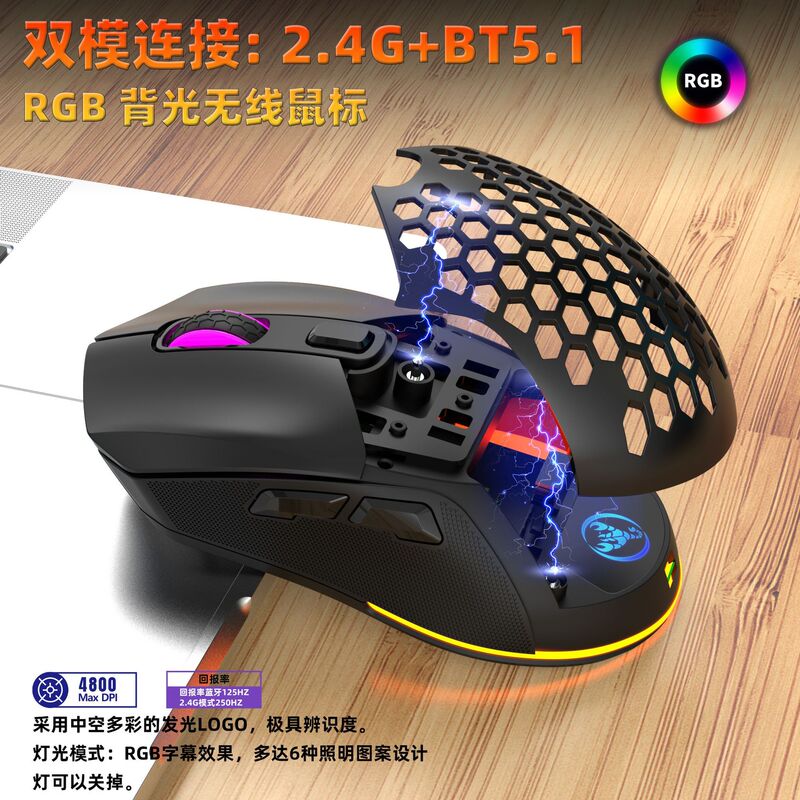 T28 Dual-Mode Bluetooth Wireless Mouse 4800Dpi Dual Back Cover Magnetic Suction Back Cover Hollow Design Charging Game Mouse