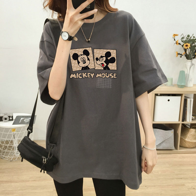 Pregnant Women's Fashionable Ins Short-sleeved T-shirt Women's Mid-length Top Loose plus size Cotton Summer Half-sleeved All-match T-shirt for Women