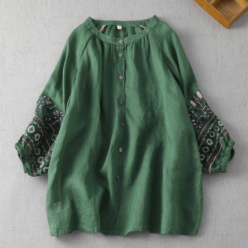 Artistic retro Ramie sleeve embroidered shirt Women's loose slimming round neck single-breasted lantern sleeve loose top Artistic retro Ramie sleeve embroidered shirt Women's loose slimming round neck single-breasted lantern sleeve loose top