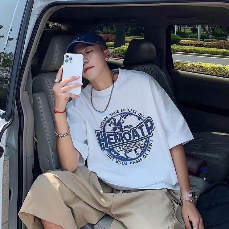 White Letter Print Round Neck Short-Sleeved Men's T-Shirt Summer 2025 New Fashion Loose and Versatile Casual Top