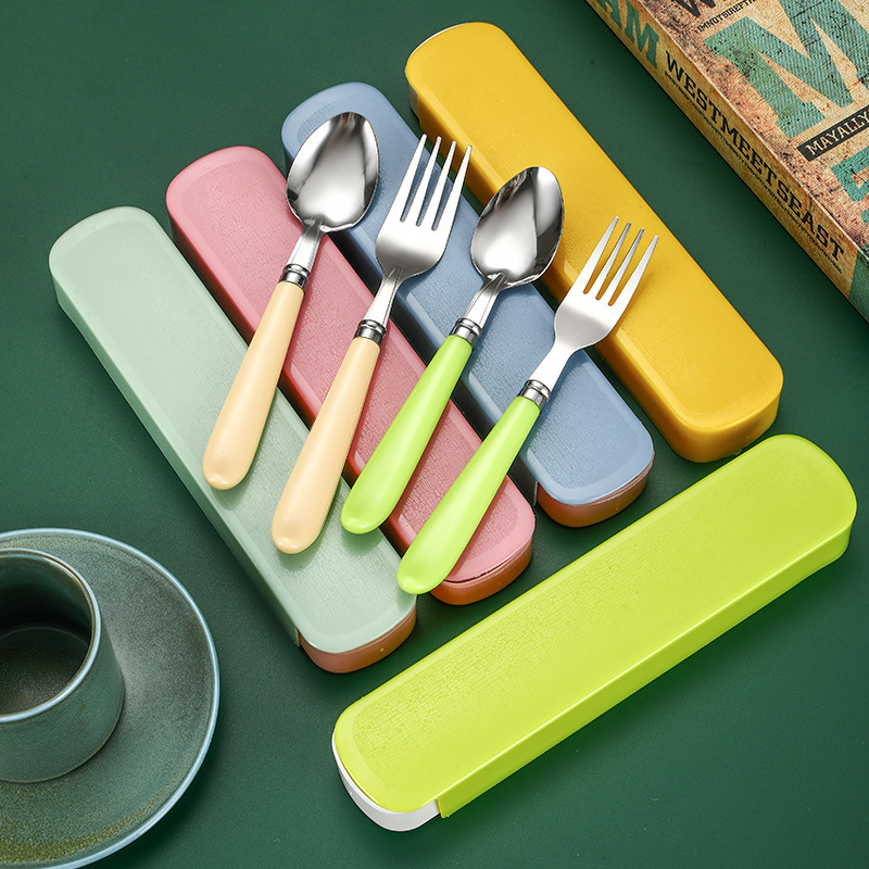 Stainless Steel Portable Tableware Fork and Spoon Solid Color Storage Box Travel Two-Piece Set Spoon and Fork Set Tableware