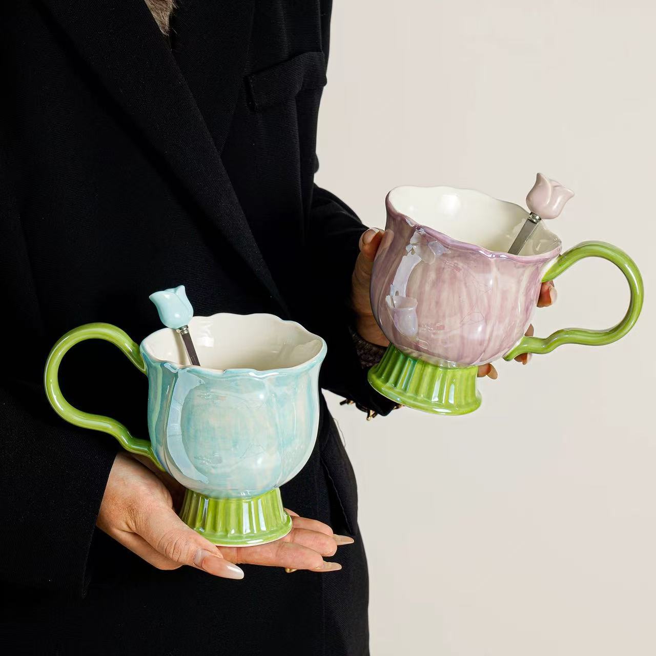 Tazas de cerámica de alto nivel, tazas de agua caseras, tazas de té de flores de oficina, regalos para chicas