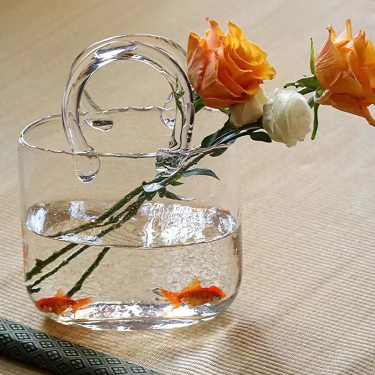 Nordic Style Internet Celebrity Bag Glass Vase Portable Blue Original Color Decoration Creative Light Luxury Living Room Water Flower Arranging Decoration