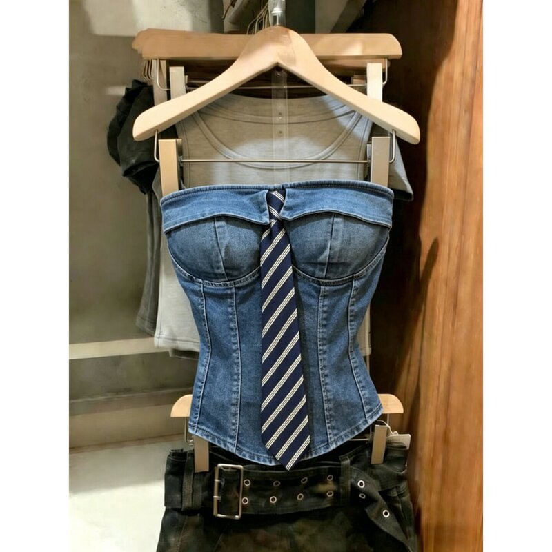 New Sweet and Spicy Style Striped Design Strapless Tank Top with Lapel Collar, Slim Fit, with Fixed Chest Pads, Women's Top