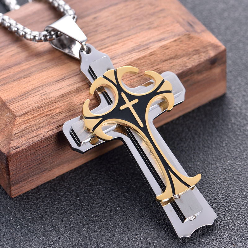 Foreign Trade Hot Selling Titanium Steel Three-layer Cross Pendant Stainless Steel Men's Necklace Jewelry Factory Direct Sales