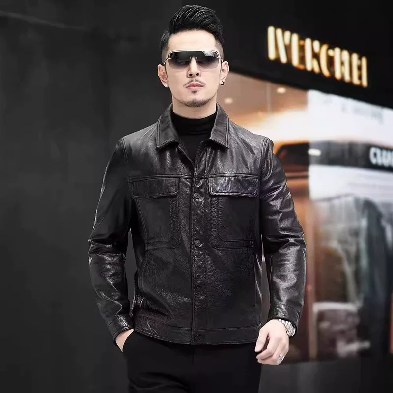 Кожаная модная короткая куртка, натуральная кожа, slim fit