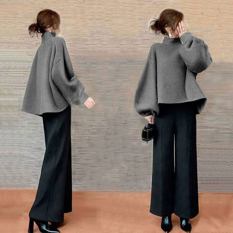 Японский Lotte для внешней торговли 2024 осень и зима новый сплошной цвет с высоким воротником шерстяной топ брюки набор из двух частей женский